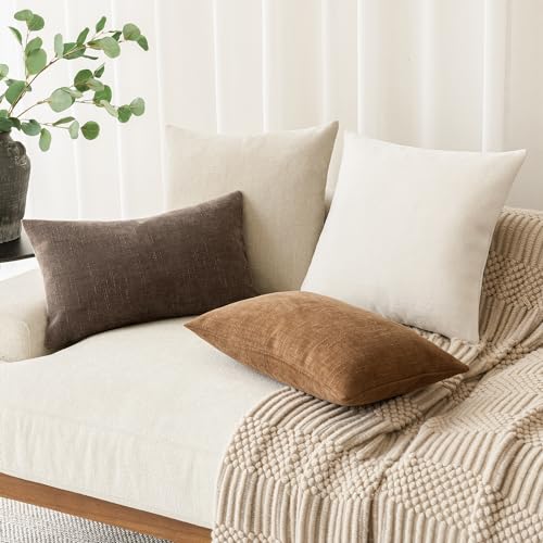 Image of Foindtower Pack of 2 Soft Textured Chenille Throw Decorative Pillow Covers Lumbar Accent Solid Cushion Cover Cozy Neutral Farmhouse Pillow Case for Couch Sofa Bedroom Living Room 12x20 Inch, Chocolate