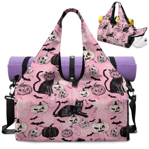 Halloween Gym Bag Women Pumpkin Workout Bag with Shoe Compartment, Wet Pocket,Travel Tote Bag with Mat Carrier, Waterproof Overnight Bag Carry On Weekender2