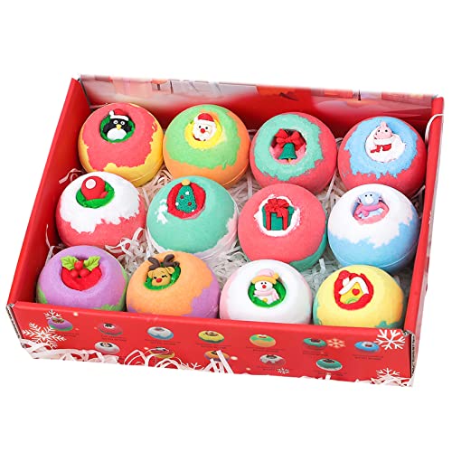 Ebriche 12 Stück Badebomben mit Duftölen & Meersalz, Geschenkset für Weihnachten, Weihnachtsmann Schneemann Elch Badekugeln für Mädchen Frauen, Bio Ätherisches Öl Cover