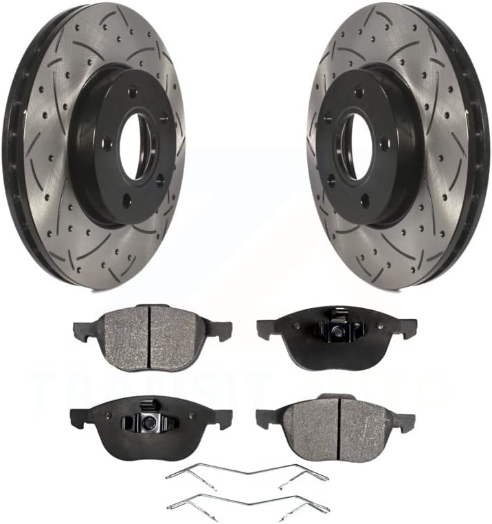 Transit Auto - Front Coated Drilled Slotted Disc Brake Rotors And Ceramic Pads Kit For Ford Focus C-Max KDT-100032