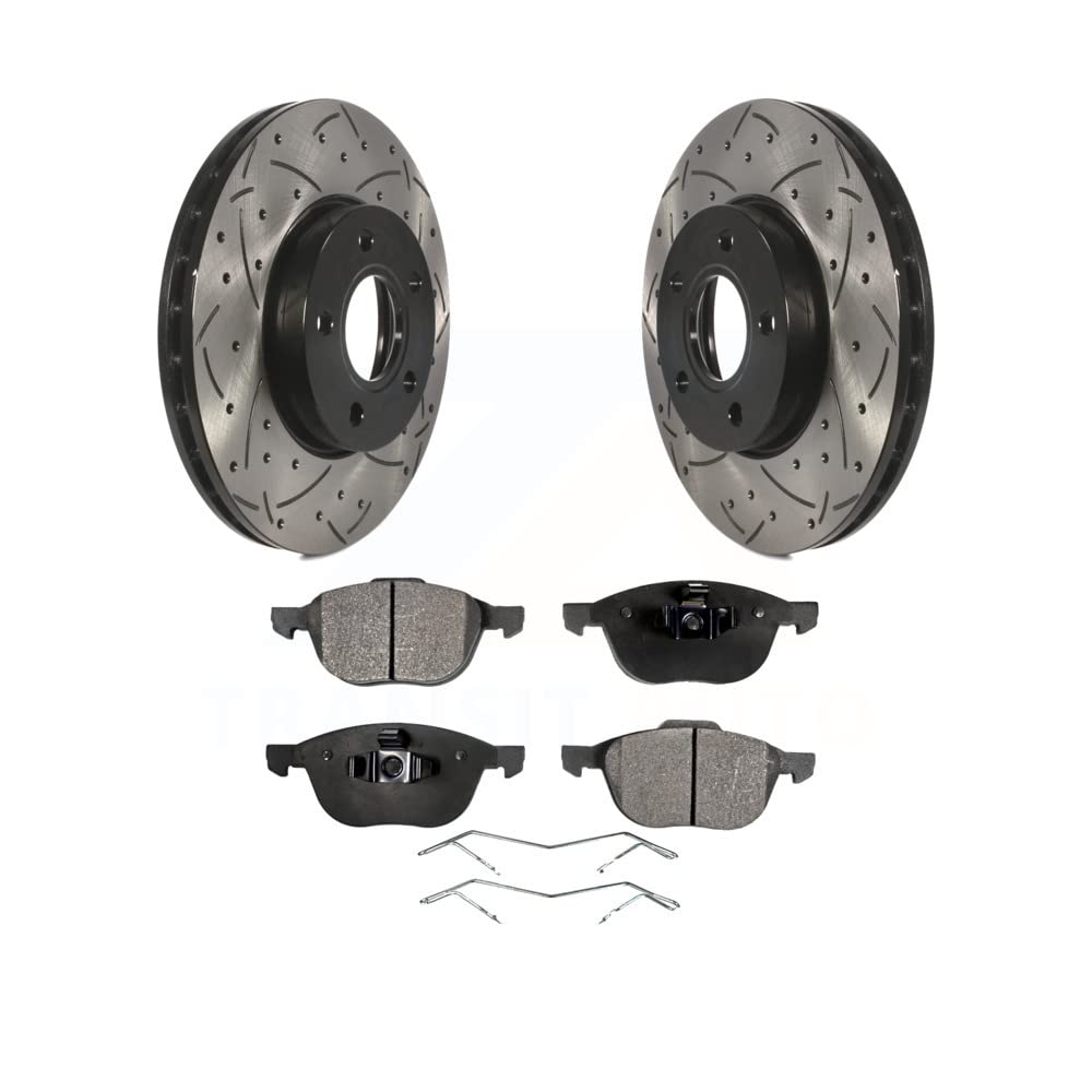 Transit Auto - Front Coated Drilled Slotted Disc Brake Rotors And Ceramic Pads Kit For Ford Focus C-Max KDT-100032