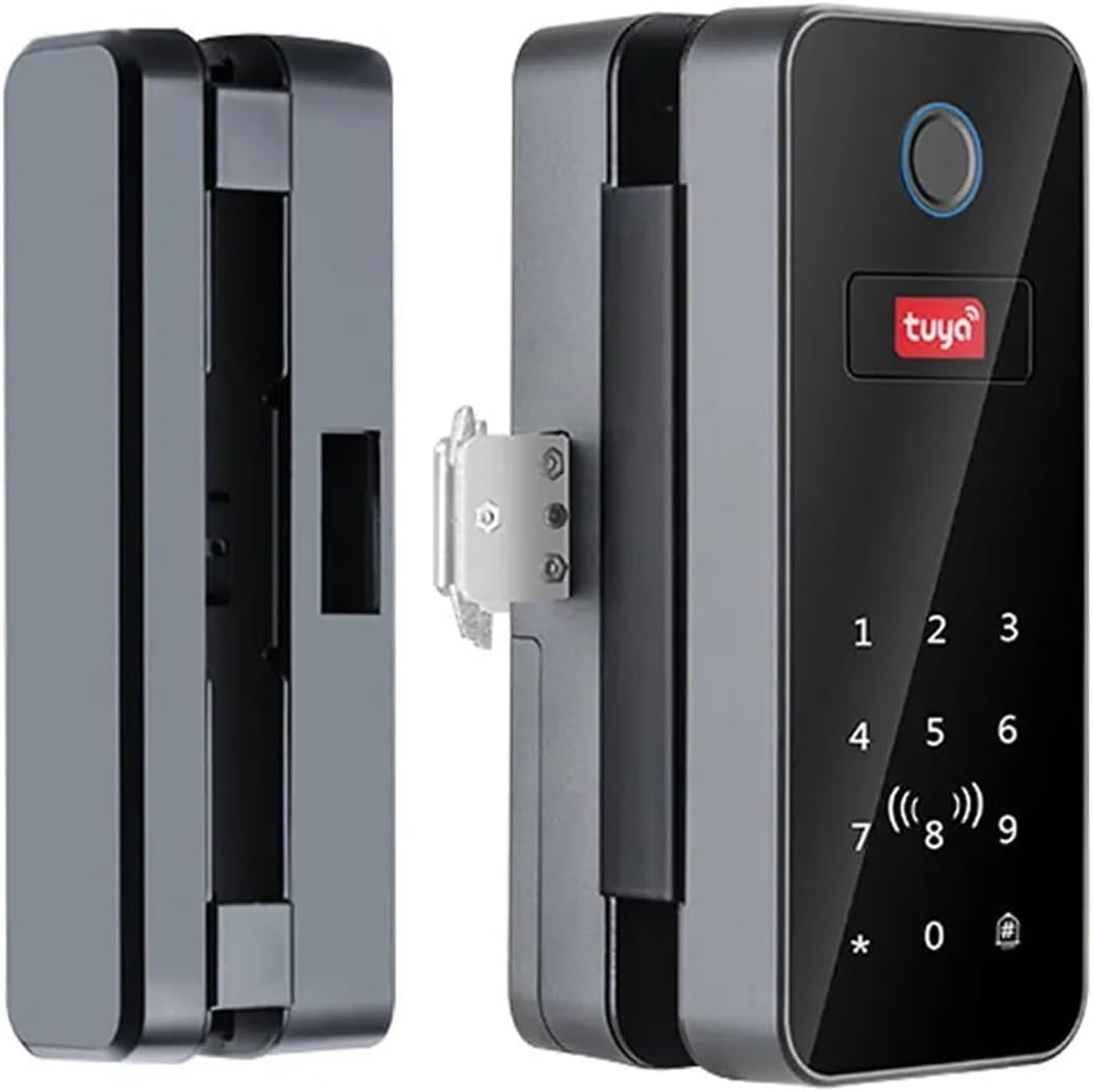 Components of the Tuya Smart Glass Door Lock, showing the front and rear panels and the locking mechanism.