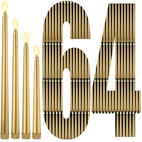 Image of Rossesay 64 Pcs Wedding Flameless LED Taper Candles Battery Operated Candles 4 Sizes of 8.5'', 9.65'', 10.83'', 12.8'' Candlesticks Flickering for Halloween Christmas Church Wedding(Gold)