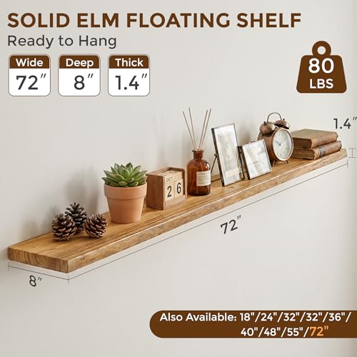 Image of Dreamland 72 Inch Floating Shelves for Wall, Solid Elm Wood Live Edge Wall Shelves for Living Room, Bedroom, Kitchen, Bathroom, Wall Mounted Long Floating Shelf Set of 1, Natural