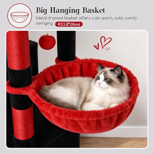 Image of Globlazer 52in Gothic Cat Tree for Indoor Cats, 2 Condos, S52, Black Red | Multi-Level Plush House, 5 Sisal Scratching Posts, 2 Padded Top Perches, Big Metal Basket, Stable Enlarged Base