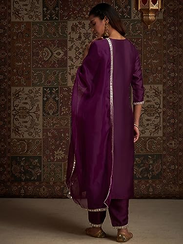 Image of INDO ERA Women's Purple Yoke Design Polyester Kurta & Pant With Dupatta Set