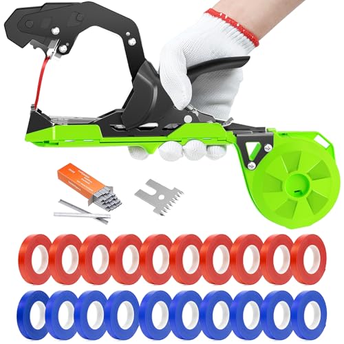 Grade Plant Tying Machine, Upgraded Tape Gun with 20 Tape Rolls & 10,000 Staples, Fast Vine Support Tool for Greenhouse/Vineyard/Farm, Lightweight Plant Tie Tapener Gun with Blades & Gloves (Green)