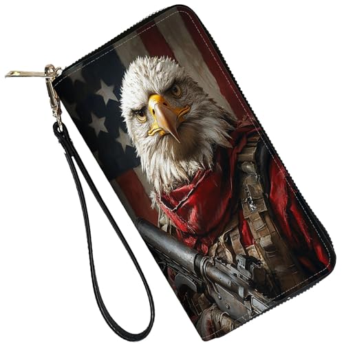Image of RFID Blocking Leather Wallet for Women - Large Capacity Zip Around Clutch with 8 Card Slots,10 Cash Pockets & Coin Zipper,Bald Eagle Warrior