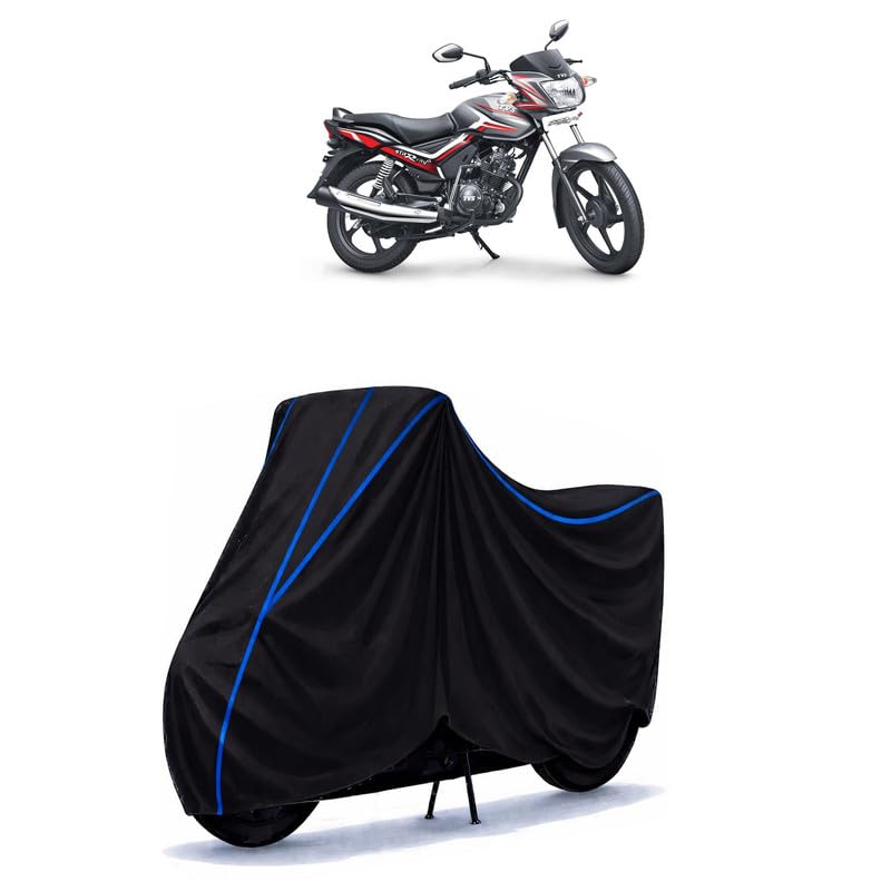 Image of TVS Star City Plus 100 Bike Cover Water Resistant Universal Motorcycle Rain | Heavy Duty UV Protection, Dust, Scratch Indoor Outdoor All Weather with Black Blue Piping Elastic