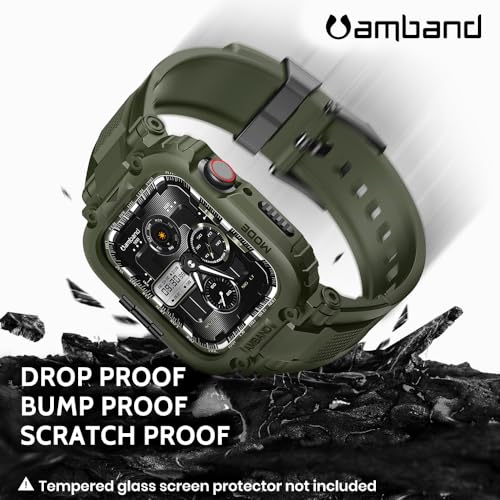 Image of amBand Compatible with Apple Watch Series 9 /8 /7 /6 /5 /4 & SE 3 /2 /1 41mm /40mm Band Case for Men, M1 Sport Rugged Case with Strap Military Protective Cover Bumper for iWatch 41 /40 mm - Army Green