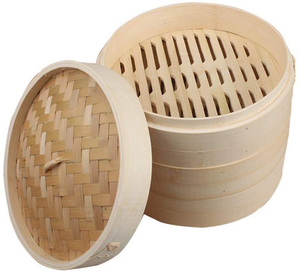 3-poziomowy bambusowy kosz do gotowania na parze chiński organiczny drewniany parowar z pokrywką, do pierogów, warzyw, ryb, ryżu, 30 cm - 30 cm