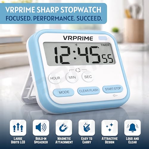 Image of Timer Clock for Study | Stopwatch for Study | Digital Alarm Clock | POMODORO Timer for Study | Digital Table Clock with Large Display, Round Alarm, Adjustable Stand (Blue)