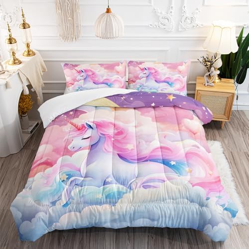 Kid Unicorn Comforter Set Full Size 3Pcs Pink Galaxy Bedding Set ...