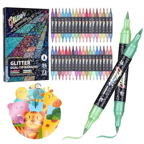 KEMYR Glitter Brush Markers Pens 72 Colors Dual Tip Glitter Pens Set 36 Pack Metallic Sparkle Markers for Cards DIY Crafts Doodle Writing Adults Coloring Books Art Supplies Scrapbooking