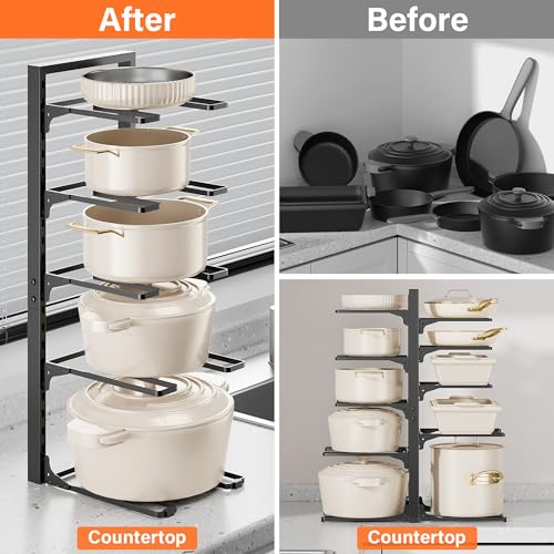 Image of MUDEELA 10-Tier Pots and Pans Organizer under Cabinet, 23.62 inch Height Heavy Duty Pot and Pan Organizer Kitchen Cabinet Organization and Storage, Adjustable Pot Rack for Frying Pan, Cast Iron Skillet