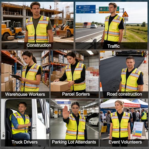 Image of High Vis Reflective Safety Vest for Men Women Zipper Ipad Pockets Mesh Construction Apparel Neon Vest for Work