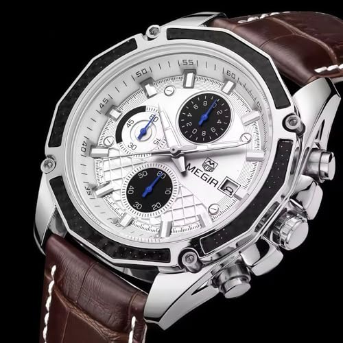 Image of The Watch Company Men's Analog Watch | Formal & Casual Watch | 3 Chronograph (Hour,Minute,Second) with Date Feature | Classic White Dial With Brown Leather Strap | Adjustable Leather Strap Watch | Strong Luminous | 30 Meter Water Resistant