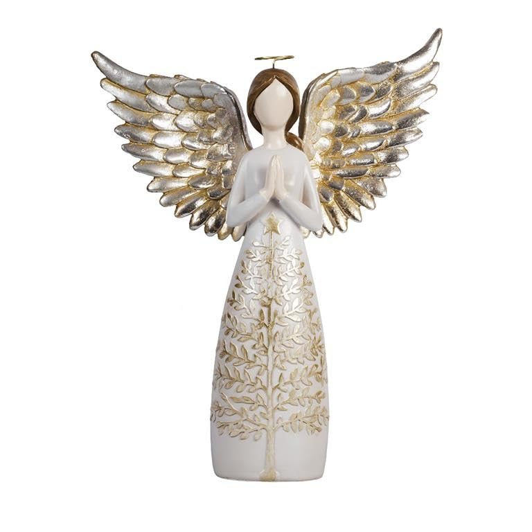 Angelito Blanc DRW avec arbre dor : une sculpture en résine peinte à la main de haute qualité