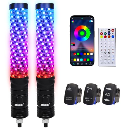 ZIMABLUE 2PC 1FT Fat Whip Lights for Side by Side, App & Remote Control RGB Chasing Light Whip with 3 Switchs for ATV UTV Dune Buggy Truck,LED Whip Light Compatible with Polaris RZR Can-Am Maverick X3