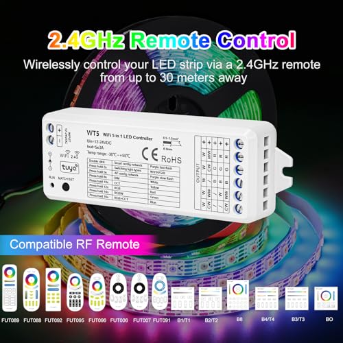 Image of 5in1 WT5 LED Controller WiFi Control 2.4GHz Dimmable CCT RGB RGBW RGBCCT COB LED Strips - Compatible with Tuya App Echo Alexa Google Home Voice Control
