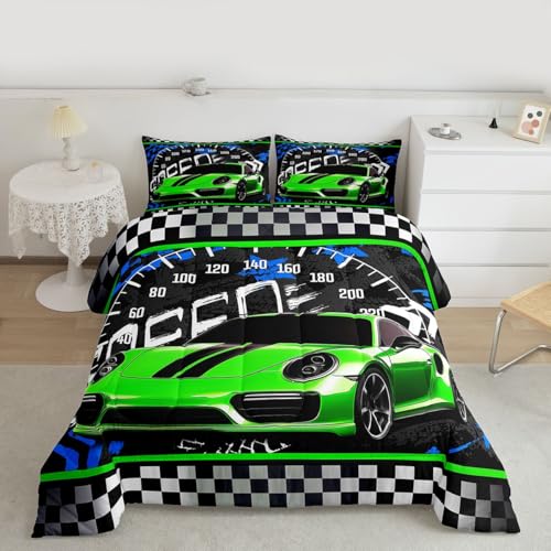 Image of Feelyou Boys Race Car Comforter Race Sports Car Bedding Set for Kids Boys Sports Theme Comforter Set Toddler Size Checkered Inner Fill Duvet Set Fluorescent Green 1 Comforter Set with 1 Pillowcase