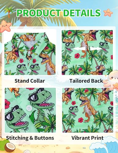 Image of Boys Hawaiian Shirt Kids Button Down Aloha Beach Hawaii Tops 5-14Y | Quick Dry, Breathable, Cooling & Lightweight, For Summer Vacation Holiday, Fourth of July, Youth, Teen, Shark, Dinosaur
