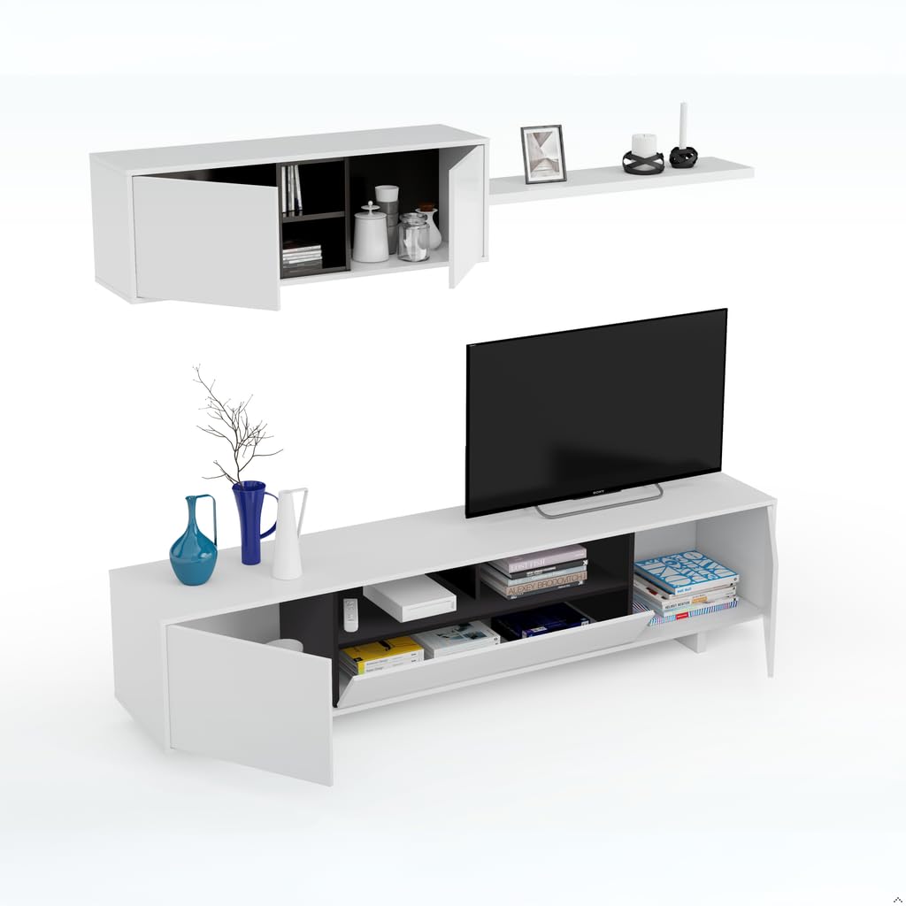 Habitdesign – Mueble de Salón Moderno, Módulos para Comedor, Conjunto de Salón, Color Blanco Brillo y Gris Antracita, 200x41x46 cm - Modelo Belus