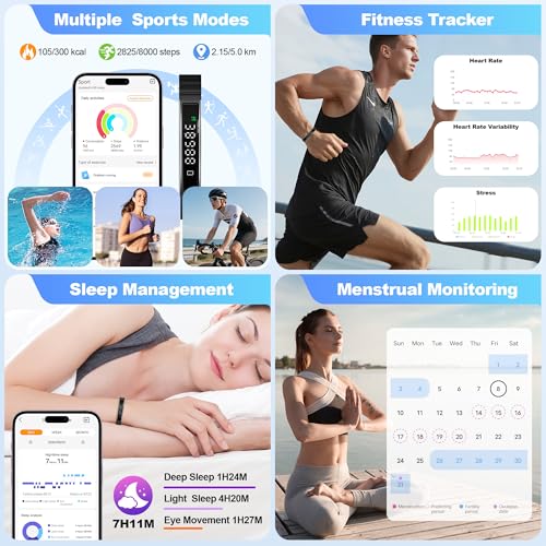 Image of Smart Bracelet for Women & Men, Health Activity & Fitness Tracker | Sleep Tracking, 24 /7 Heart Rate & Stress Monitor, Slim 16g Lightweight, 7-10 Day Battery, Free App, No Subscription, 2 Bands