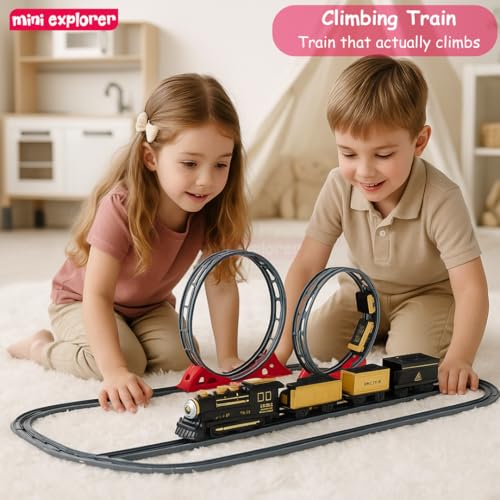 Image of Mini Explorer Electric Train Track Set with Dual 360 Loops | Battery Operated Classic Train Toy with Tracks for Kids | Fun Racing Train Set for Boys & Girls Age 3+ Years | 136 x 64 cm Layout