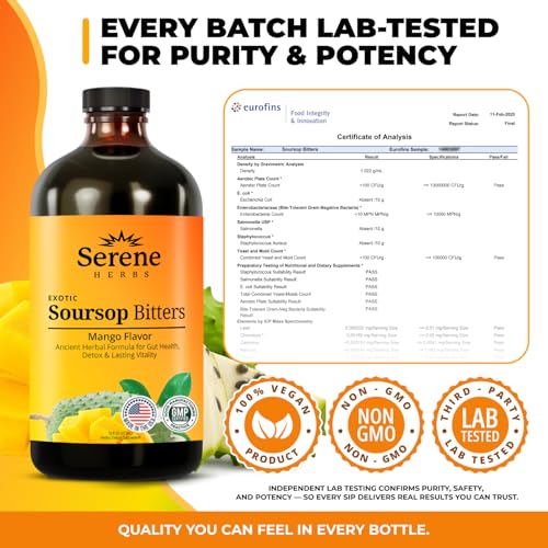 Image of Serene Herbs Soursop Bitters Liquid with Soursop Leaves for Gut Cleanse, Detox & Immune Boost with Black Seed, Moringa, Irish Moss, Ashwaganda, Turmeric, 16 Fl Oz (Pack of 1), Mango