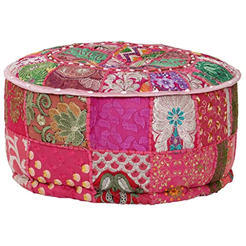 vidaXL Pouf Rond en Coton Patchwork Fait à la Main Rose Tabouret Repose-Pied