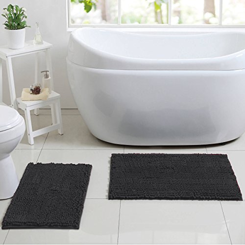 Sweet Home Collection Bath Set 2 Piece Butter Chenille Noodle Soft Luxurious Rugs Absorbent Non Slip Latex Back Microfiber Bathroom Mat, ((1) 17" X 24" & (1) 20" X 32" Charcoal #TOP2