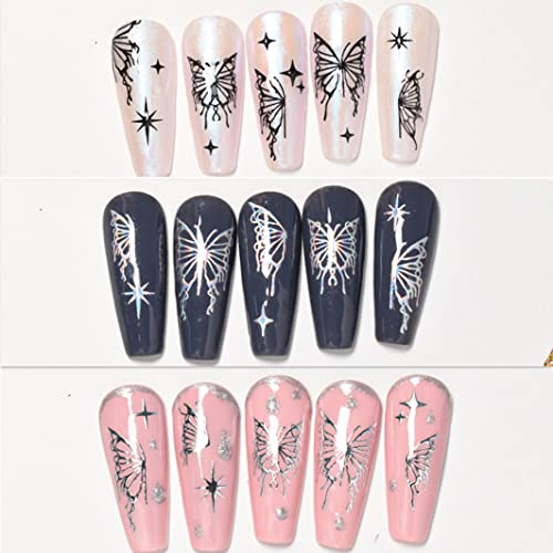 Nail Stickers Butterfly Black White Nail Decals Butterfly Laser Nail Art Stickers Flowing Light Self Adhesive Diy Nail Decoration - 6 Sheets - Gone With The Angel #TOP2