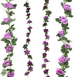4 Pack Artificial Fake Rose Silk Flower with Green Leaf Vine Plastic Hanging Vine Garland Artificial Flora Wreath for Home Yard Fence Wedding Garden Decoration (Purple and Lavender)