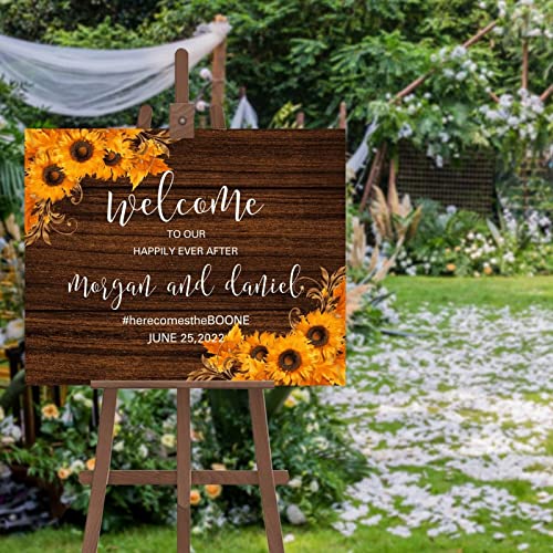 Panneau de bienvenue mariage personnalisé en bois jaune tournesol pour célébrer votre amour