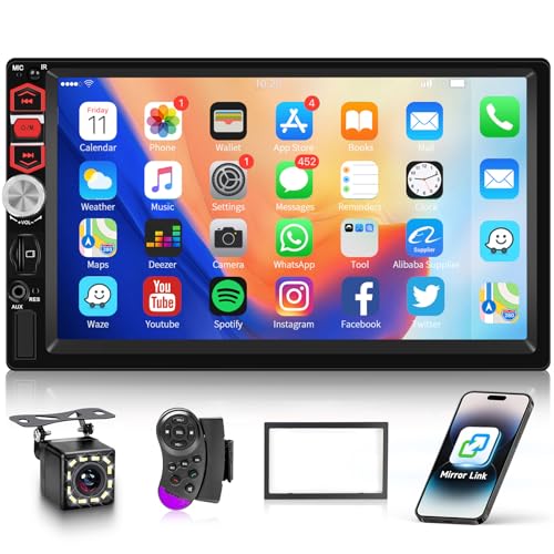 Hodozzy Autoradio Double DIN Bluetooth avec écran Tactile 7 Pouces 2 DIN Compatible Mirror Link/Radio FM/USB/TF/AUX SWC, Poste Radio Voiture Ecran Lecteur...