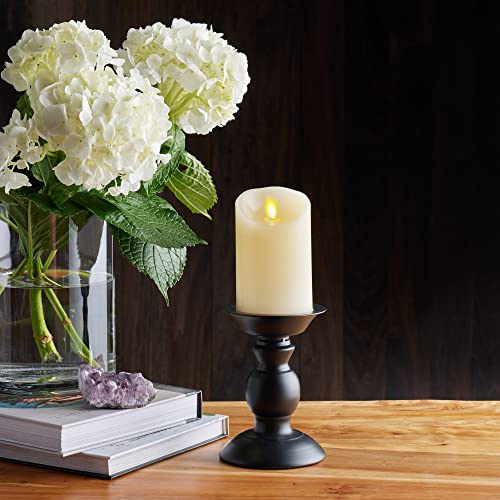 Image of Luminara Realistic Moving Flame LED Candle Scalloped Edge Smooth Finish Real Wax Pillar, Vanilla Honey Scented, Timer - Ivory (3 inch x 4.5 inch)