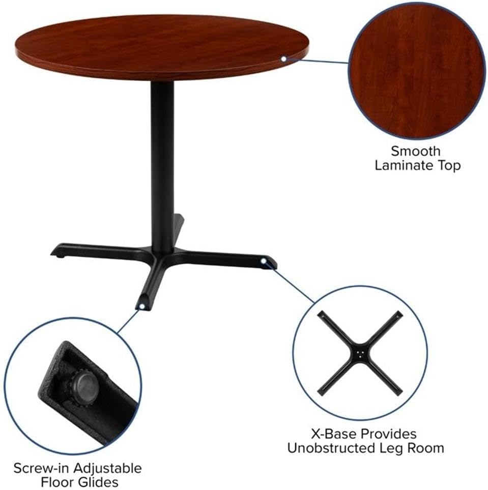 Pemberly Row Modern Round Conference Table, 36 in Wood Top, Cherry Laminate Finish, Cast Iron X-Base, Adjustable Floor Glides, Classic Style for Offices, Classrooms, Break Rooms, Multi-Use Settings