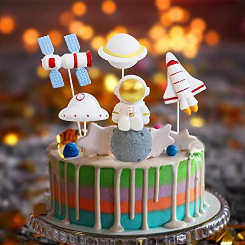Ercadio 5 Pack Resin Space Astronaut Rocket 3D Cake Toppers Figurines Action Figure Planet Cake Decor Spacemen Theme Cupcake Picks For Baby Shower Birthday Party Cake Decoration Supplies #TOP6