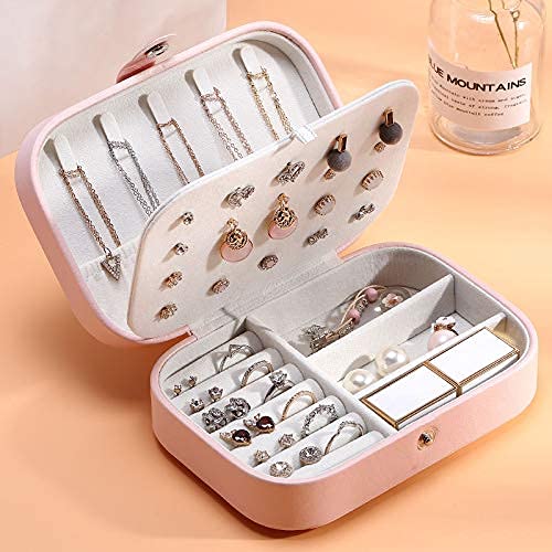 Boîte à bijoux portable double couche en cuir rose pour bagues et colliers