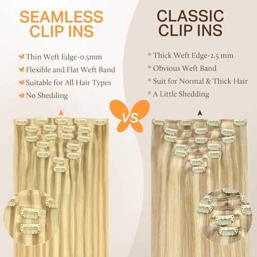 Image of DOORES Clip in Hair Extensions Real Human Hair - DirtyBlonde Highlight Golden Blonde 160g 7pcs 24 Inch, Invisible Edge Natural Straight