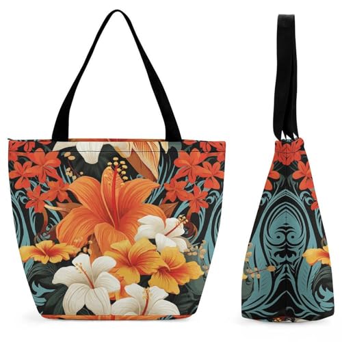 Tote Bag for Women Flowers And Tribal Patterns Printed Large Women Casual Shoulder Bag Reusable Shopping Handbag Grocery Bags for Work Travel