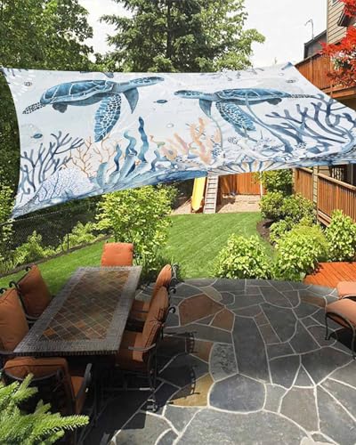 Boanket Sun Shade Sail 12' x 16', Blue Sea Turtle Sun Blocking Shades Privacy Outdoor Covering, Ocean Beach Coral Nautical Coastal Shade Cloth for Patio Deck Terrace Garden Lawns Beach Backyard