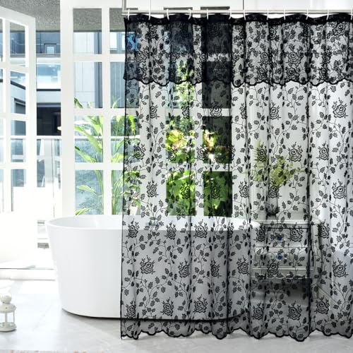 Black Lace Shower Curtain with Attached Valance 72 x 72 Inch 1 Panel