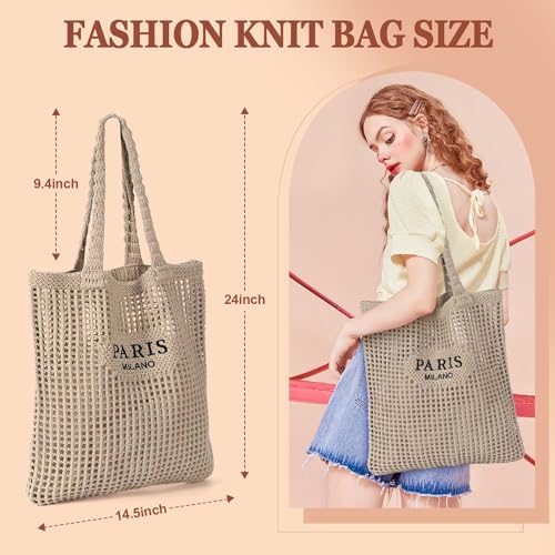 Image of Ayieyill Crochet Tote Bag For Women, Crochet Mesh Beach Tote Bag Summer Vacation Aesthetic Boho Knit Bag for Women