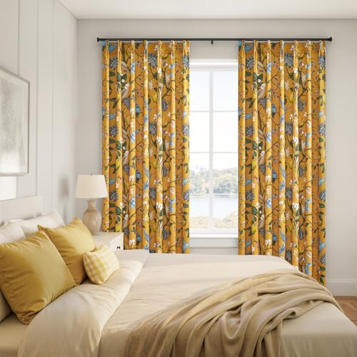 Image of Mustard Yellow Floral Pinch Pleat Curtains 102 Inches Long,Extra Long Lemon & Hummingbird Blackout Drapes for High Ceilings Living Room Bedroom Farmhouse, 2 Panels