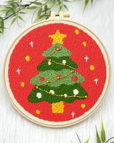 Image of ERKOON Christmas Punch Needle Kit Adults Beginners, 2 Pcs DIY Easy Embroidery Set for Starter Art Craft, Needling Punch Project with Patterns, Tools, Yarns, Hoop, Instruction (ChristmasTree & Snowman)