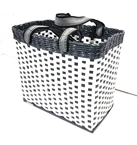 Image of Paperus, Medium, White & Grey, Lunch Bag, Picnic Basket, Carry Bag, Tiffin Basket for Office, Rectangular, Eco-Friendly, Handmade, of Paper Ropes, in Inch 11 H, 12 L, 6 Wide Base