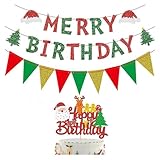 Merry Christmas & Birthday Banner - Red & Green Glitter Xmas Tree & Cake Toppers - Baby Shower & Party Decorations