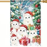 かわいい猫とプレゼント ガーデンフラッグ 冬 クリスマス 雪片 パターン 庭の旗 鮮やかな両面 12x18インチ 庭の装飾サイン 家 外 クリスマス 新年の装飾